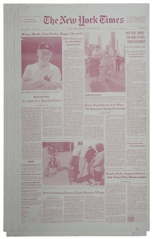 New York Times Printing Plate Dated August 14, 1995 - Mickey Mantles Death
